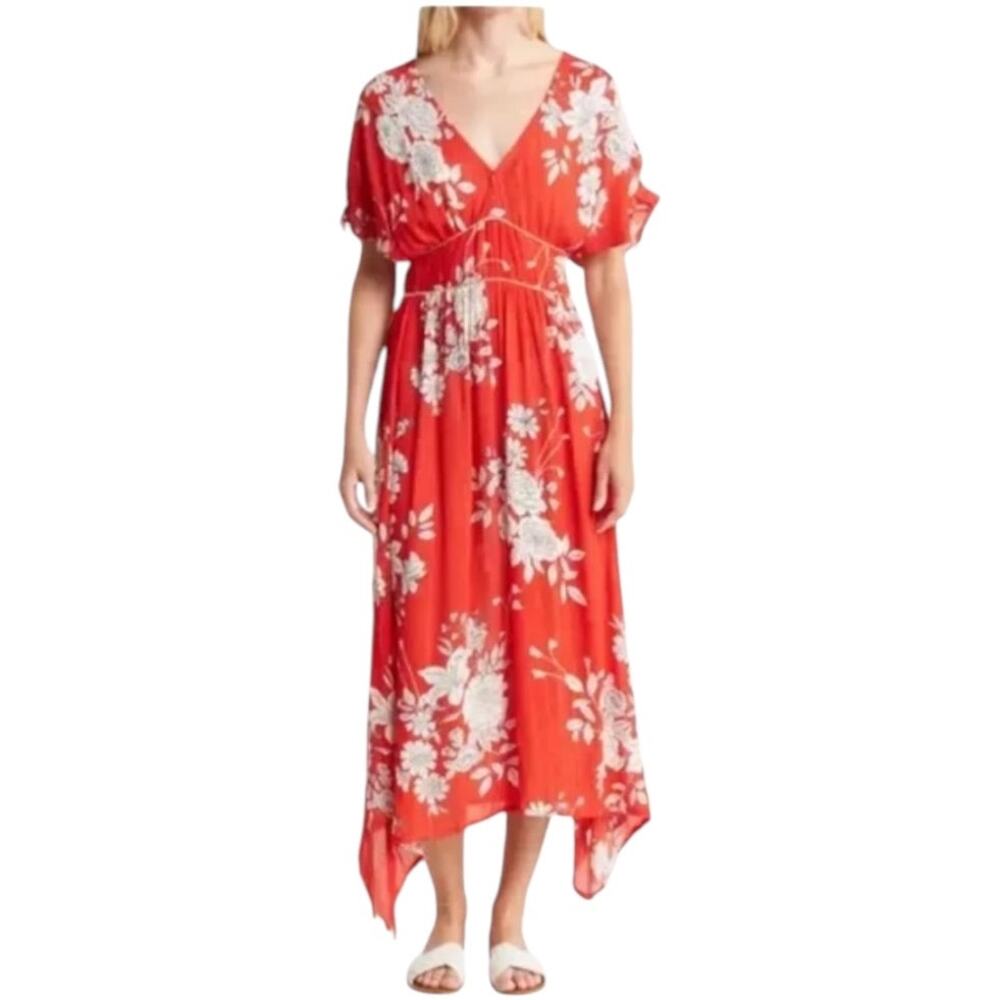 RAGA NWT Rohit Floral Sharkbite Hem Midi Dress Red Size S Empire Waist Chiffon